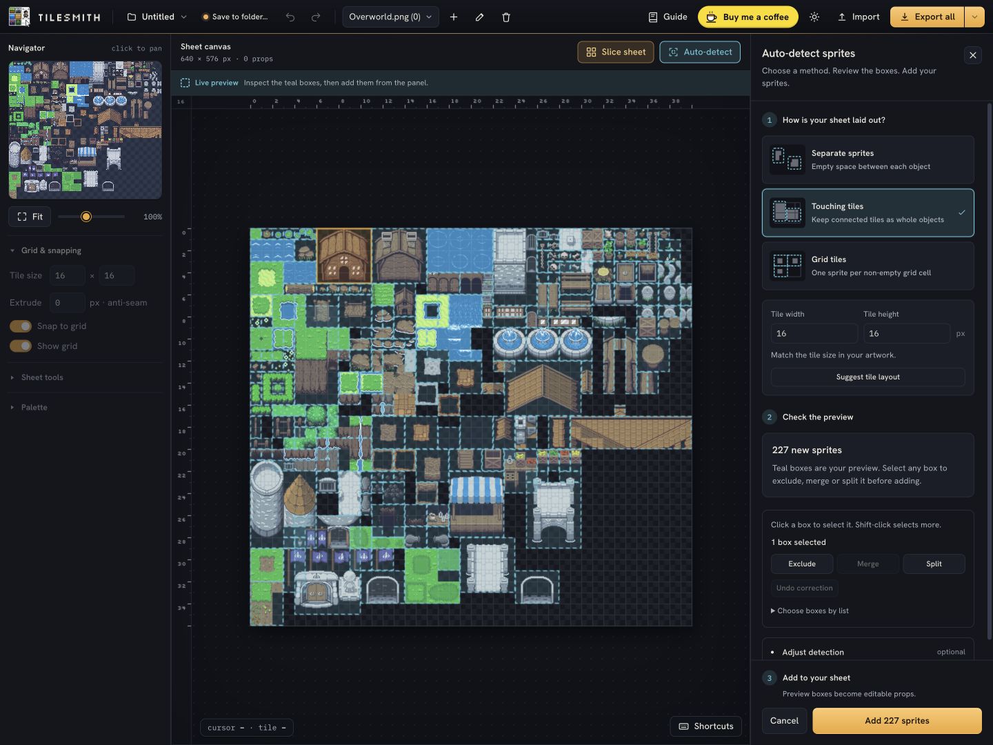 Auto-detect previews 227 sprites, with a house selected in amber and controls to exclude, merge or split preview boxes before adding them.