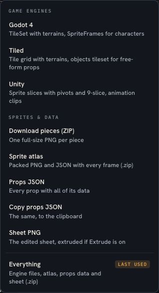 The export menu includes Download pieces (ZIP), engine formats, Sprite atlas, Props JSON and Sheet PNG, with Everything marked as last used.