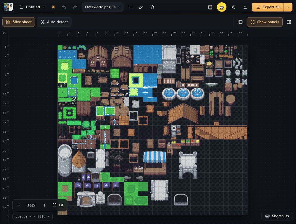 Focus mode gives the sprite sheet the full canvas width, with Show panels above it and zoom and Fit still accessible below.