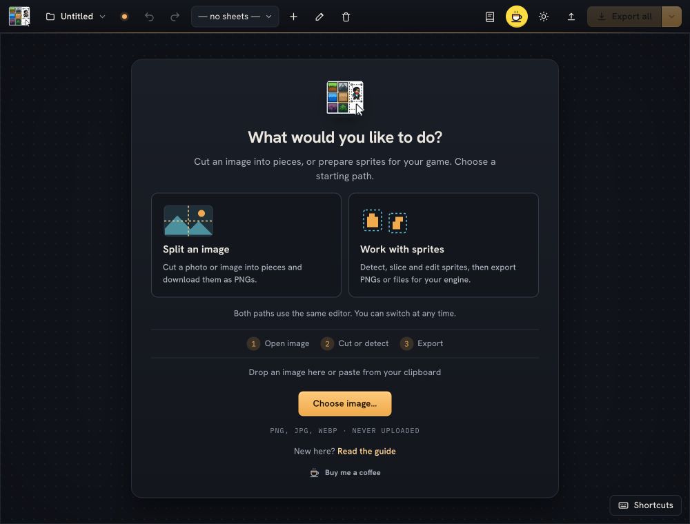 The start screen has two illustrated choices: Split an image and Work with sprites, followed by Choose image.