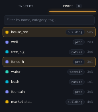 The Props list: eight props, each with a colour dot, name, category pill and size in tiles. Two are highlighted as selected.